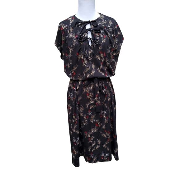 VTG Montgomery Ward 2 Piece Belted Dress Jacket Black Red Floral Tie Neck S/S XL - Picture 1 of 15